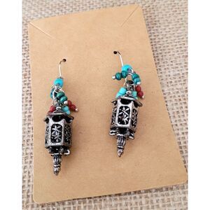 Silver Lantern Drop Earrings Turquoise & Coral Seed Bead Dangle Fashion Jewelry